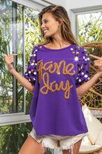 Game Day Purple T Shirt with Metallic Letter Spangle Sleeves Woman T Shirts