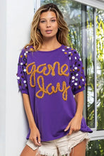 Game Day Purple T Shirt with Metallic Letter Spangle Sleeves Woman T Shirts