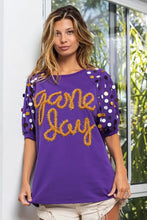 Game Day Purple T Shirt with Metallic Letter Spangle Sleeves Woman T Shirts