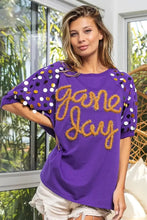 Game Day Purple T Shirt with Metallic Letter Spangle Sleeves Woman T Shirts