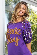 Game Day Purple T Shirt with Metallic Letter Spangle Sleeves Woman T Shirts