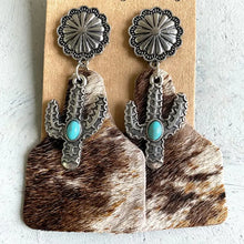 Silver cactus alloy earrings with genuine leather and turquoise decor on cowhide