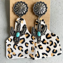 Genuine leather cactus alloy earrings with turquoise decor
