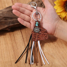 Genuine leather key chain with sunflower charm and turquoise fringe