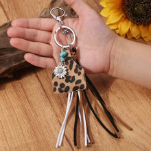 Genuine leather key chain with sunflower charm and turquoise fringe