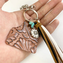 Genuine leather key chain with sunflower charm and turquoise fringe