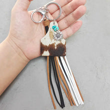 Genuine leather key chain with sunflower charm and turquoise fringe