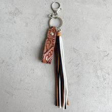 Genuine leather tassel keychain with embossed strap and multi-color tassels