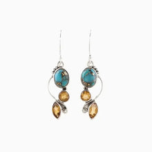 Geometric alloy dangle earrings with turquoise and yellow gemstones