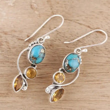 Sterling silver geometric alloy dangle earrings with turquoise citrine
