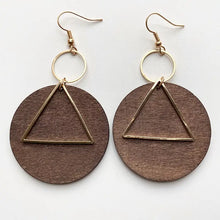Geometric drop earrings with dark brown wood and brass accents