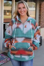 Woman in Geometric Half-Zip Drawstring Hoodie with long sleeve length