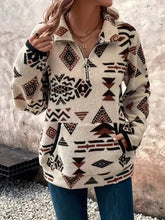 Cream-colored fleece geometric half zip long sleeve sweatshirt with ribbed cuffs suitable for machine wash cold