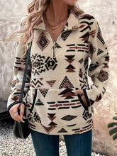 Cream-colored fleece geometric half zip long sleeve sweatshirt with tribal patterns machine wash cold