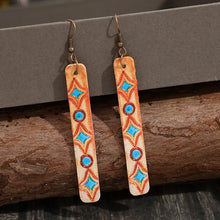 Geometric leather bar dangle earrings with orange turquoise tribal patterns