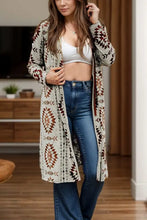 Geometric open front long sleeve cover up in beige and brown pattern