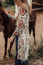 Boho geometric open front long sleeve cover up in cream, brown, red
