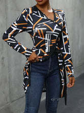 Geometric Print Long Sleeve Tunic with Decorative Button and Slit