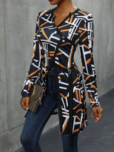 Geometric Print Long Sleeve Tunic with Decorative Button and Slit