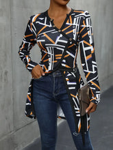 Geometric Print Long Sleeve Tunic with Decorative Button and Slit Black