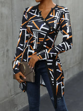 Geometric Print Long Sleeve Tunic with Decorative Button and Slit