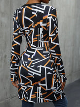 Geometric Print Long Sleeve Tunic with Decorative Button and Slit