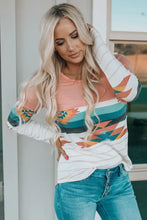 Geometric round neck long sleeve T-shirt with peach-white color-block and southwestern pattern