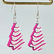 Geometric shape acrylic dangle earrings: Christmas tree pair with white frosting, pink stripes, green sprinkles