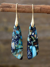 Geometrical shape dangle earrings with blue turquoise stone teardrop pendants