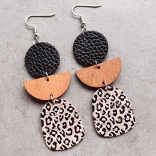 Geometrical shape dangle earrings with wood and leopard print accents