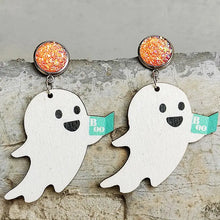 Ghost shape wooden dangle earrings with glittery orange stud tops