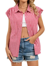 Red and white gingham button-down shirt with ruffled cap sleeves and sleeveless design in lightweight fabric