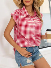Red and white gingham button-down shirt with ruffled short sleeves in lightweight cotton fabric