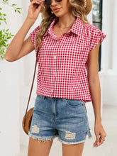 Gingham button-down shirt with red and white gingham pattern and ruffled short sleeves in cotton fabric