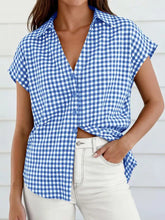 Blue and white gingham print short-sleeved button-down shirt with relaxed fit in lightweight breathable fabric
