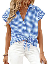 Blue and white gingham print short-sleeved button-down shirt with knotted front detail perfect for casual wear