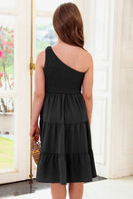 Girls Black One Shoulder Tiered Dress