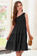 Girls Black One Shoulder Tiered Dress