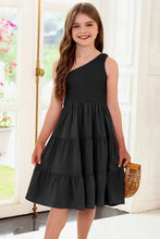 Girls Black One Shoulder Tiered Dress Black Kids Dresses