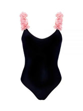 Girls Black Swimsuit with Pink Floral Straps Matching Mother Daughter Set