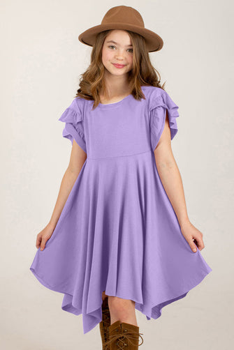 Girls Lavender Round Neck Dress with Brown Hat and Boots Set Lavender