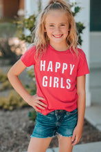 Young girl in girls letter graphic red short sleeve t-shirt and denim shorts set