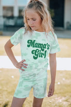 Girls light green tie-dye graphic lounge set with short sleeve length and printed mama’s girl letters
