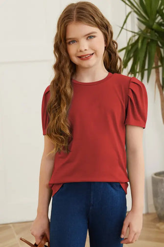 Girls Red Puff Sleeve Short Sleeve Round Neck Top Deep Red Kids Tops