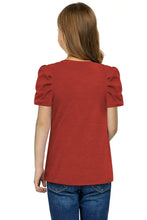 Girls Red Puff Sleeve Short Sleeve Round Neck Top Kids Tops