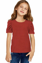 Girls Red Puff Sleeve Short Sleeve Round Neck Top Kids Tops