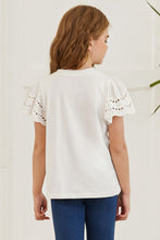 Girls White Eyelet Puff Sleeve Round Neck Top Short Sleeve Length