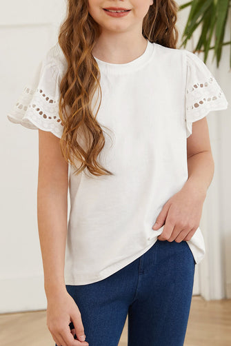 Girls White Eyelet Puff Sleeve Round Neck Top Short Sleeve Length White