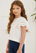 Girls White Eyelet Puff Sleeve Round Neck Top Short Sleeve Length