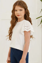 Girls White Eyelet Puff Sleeve Round Neck Top Short Sleeve Length Kids Tops